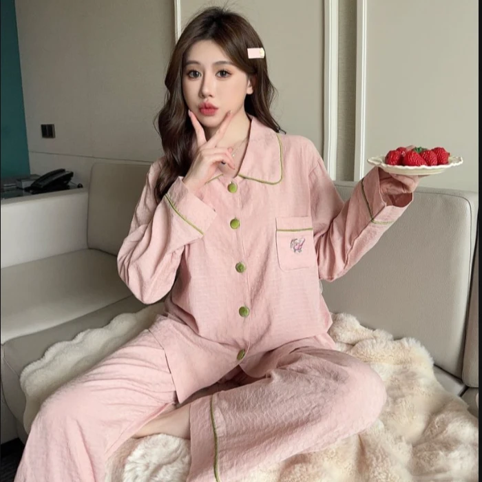 【纯棉-粉色蝴蝶结】简约女士睡衣棉质气质秋节宽松韩版舒适