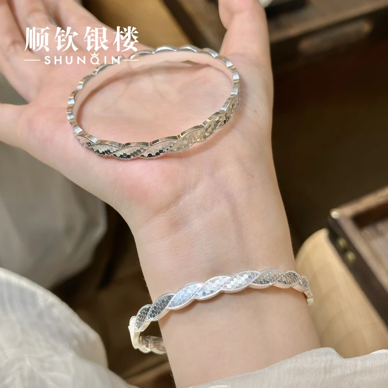 顺钦银楼 足银手镯 【萦光碎冰冰手镯】足银999.9波浪纹碎冰冰手镯