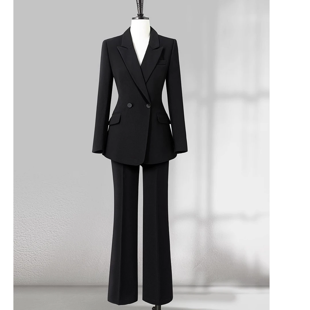 轻职风女双排扣西装公务员职业西服气质黑色长袖免烫微喇裤套装
