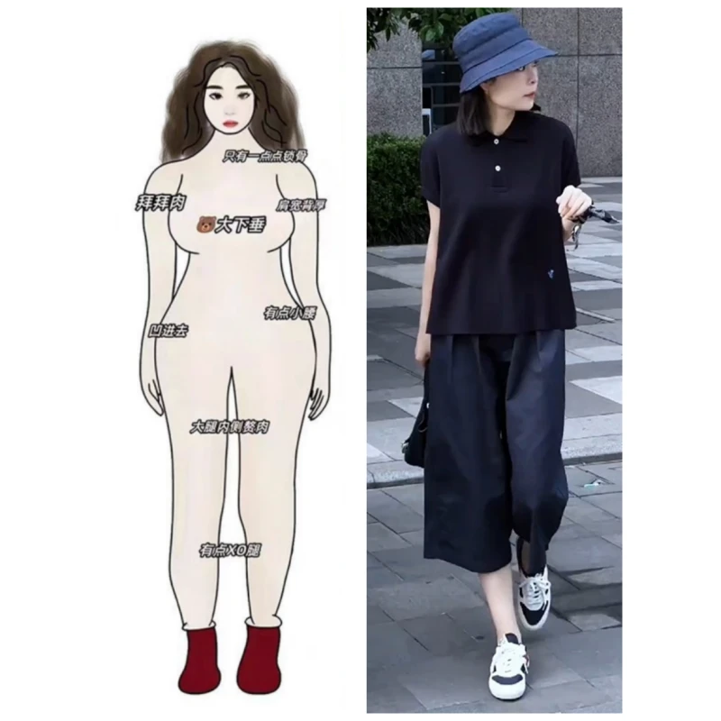 日常通勤宽松显瘦气质polo领短袖上衣搭配八分阔腿裤休闲穿搭套装