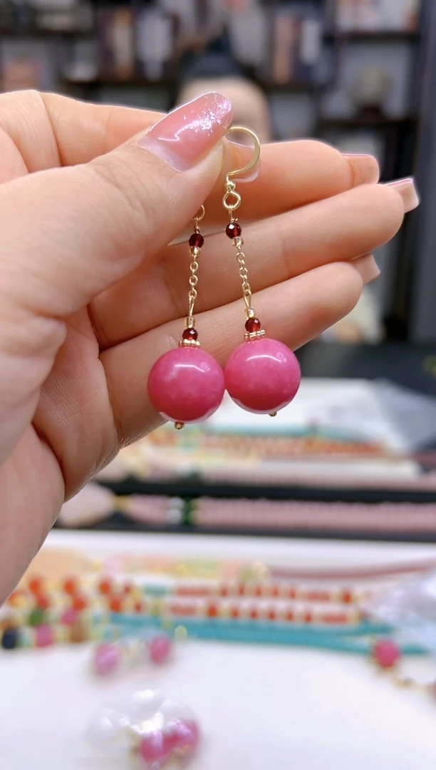 【闪购商品】菱锰矿（红纹石）耳坠14K金镶嵌E613