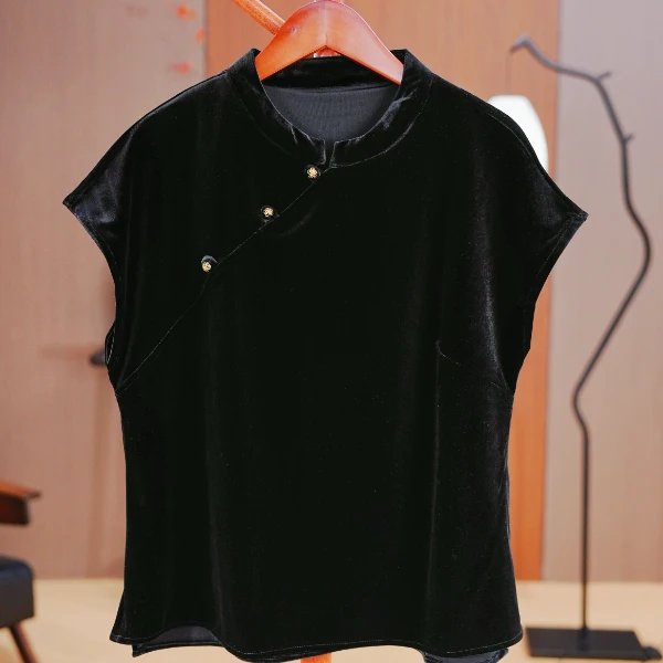 【黛云拂纽】新中式丝绒优雅盘扣立领女新品洋气小衫女367