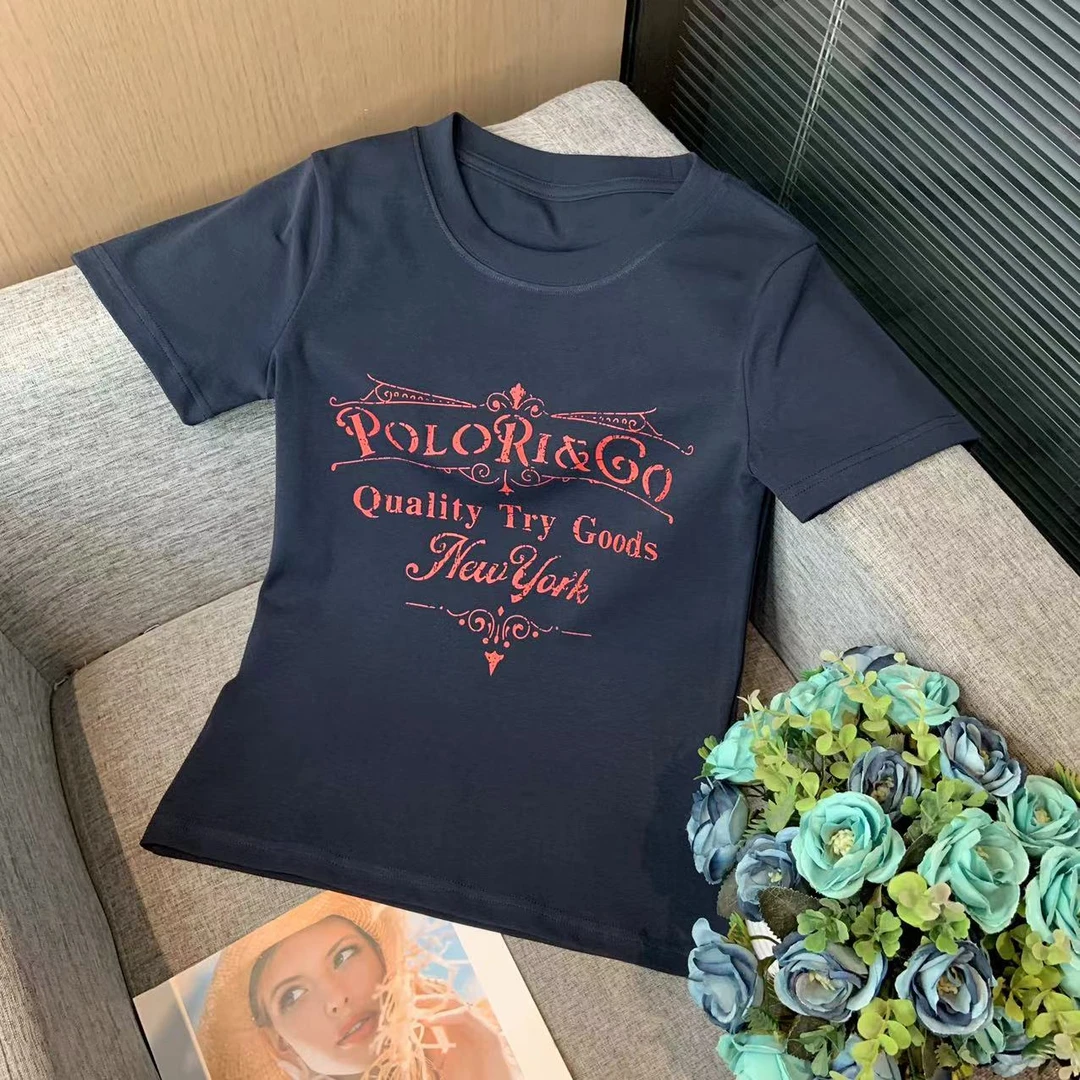 新款百搭轻奢印花短袖上衣女X9098