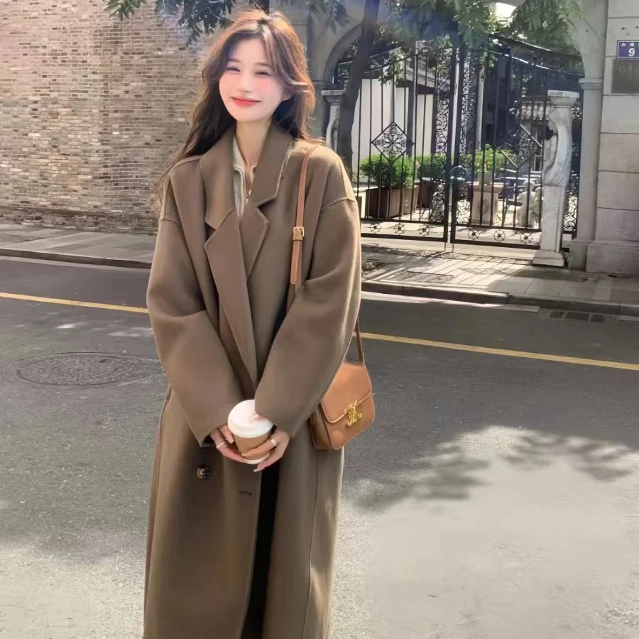 【001-055】一折起韩版女宽松黑色优雅绵呢围巾外套呢子毛呢外套