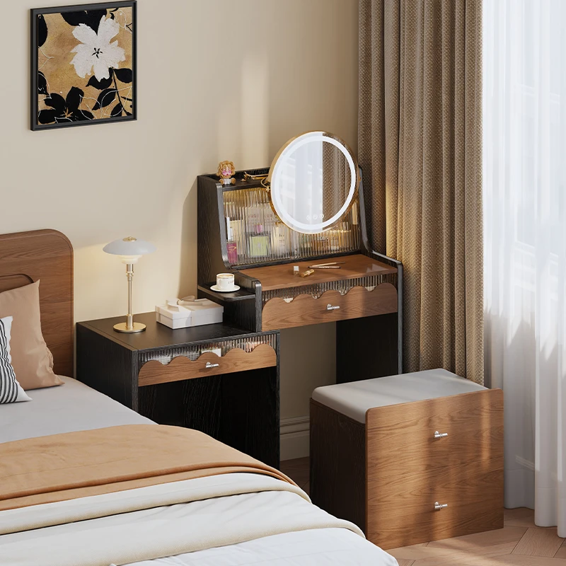 美式复古梳妆台化妆柜一体60cm轻奢高级全实木可伸缩床头柜化妆台