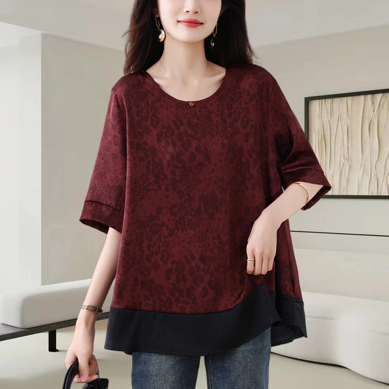 时尚圆领短袖衬衫女士夏季2025新款洋气减龄宽松遮肚显瘦小衫上衣