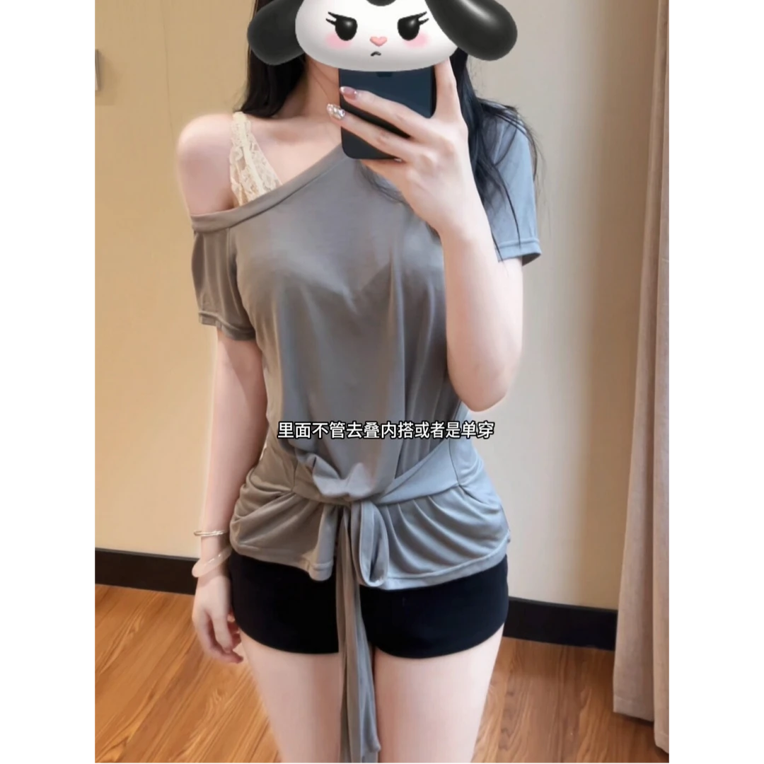 三色斜肩上衣夏季新款设计感绑带短袖T恤女纯欲显瘦百搭收腰日常