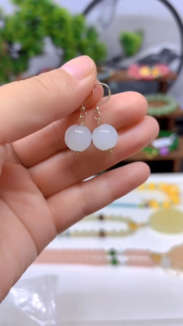 和田玉14K金镶嵌耳饰E04