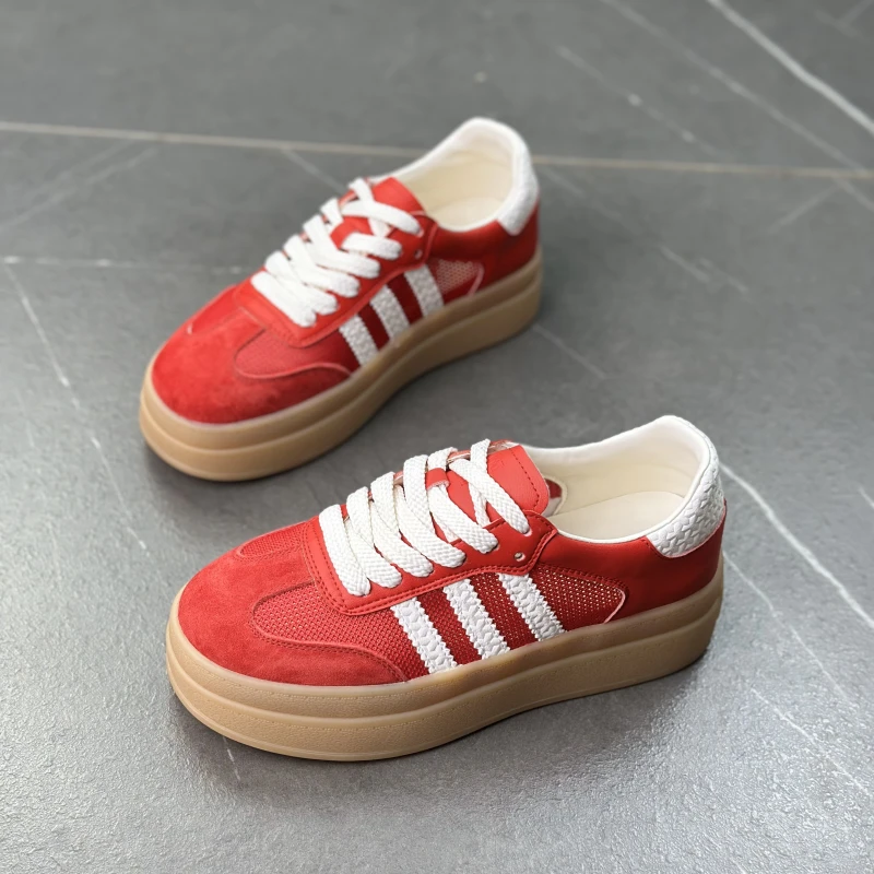 阿迪2025新款真皮网面透气厚底德训鞋女夏季三条杠阿甘鞋休闲运动