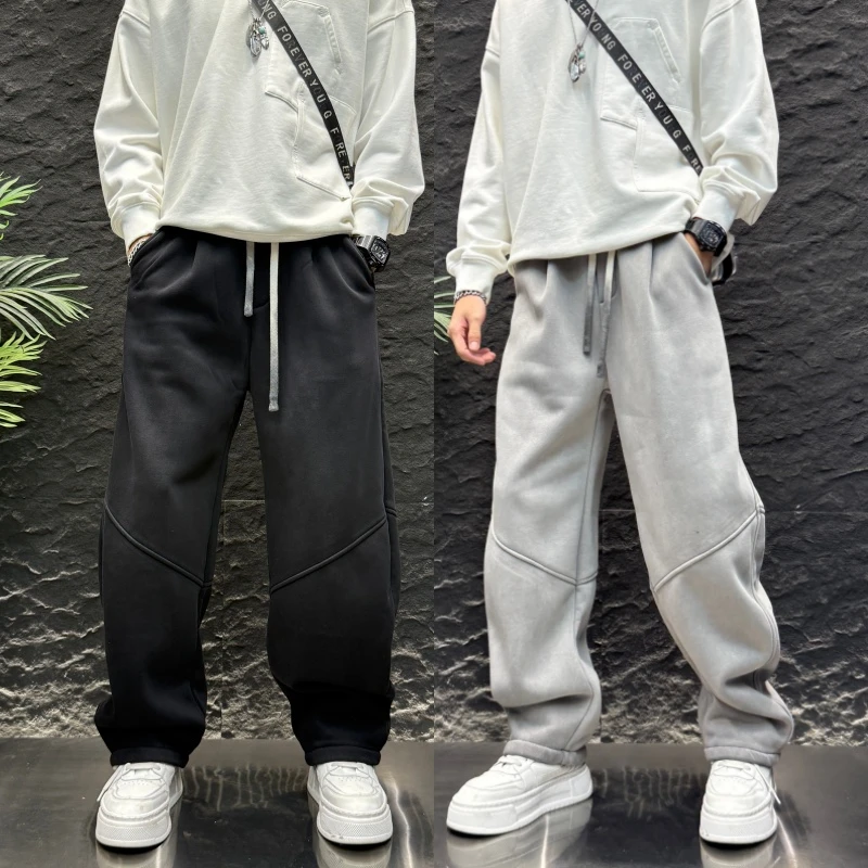 秋冬季休闲裤男士纯色抽绳高街宽松长裤加绒款时尚休闲百搭直筒裤