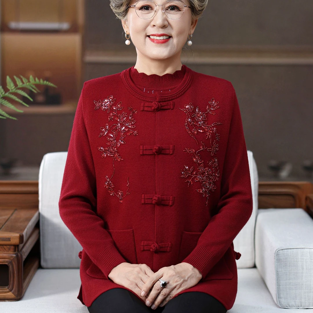 妈妈装冬装刺绣加厚两件套2025新款秋冬针织开衫中老年人毛衣外套
