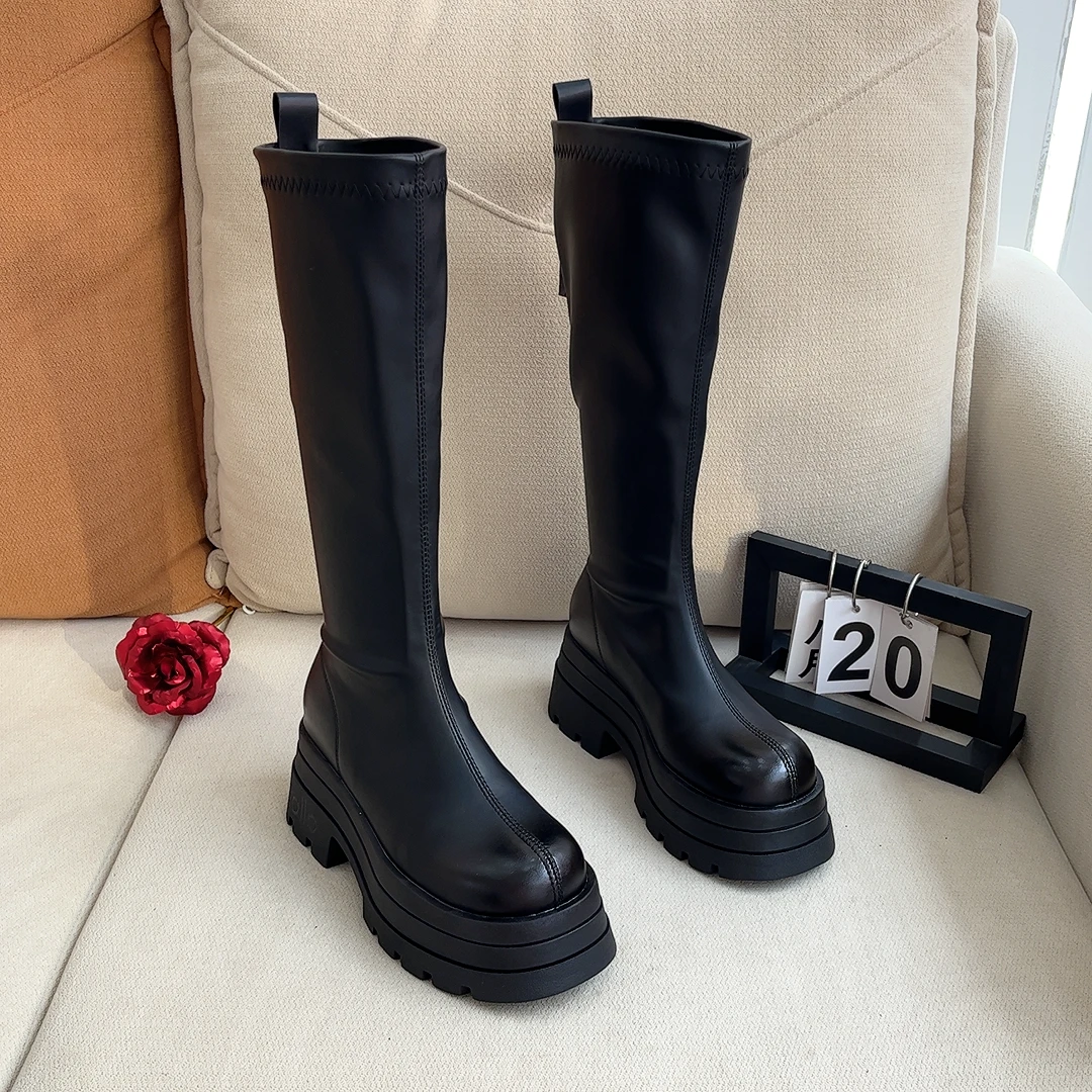 7公分增高显瘦时装靴棕色中筒靴时尚厚底百搭长筒骑士秋冬春秋靴