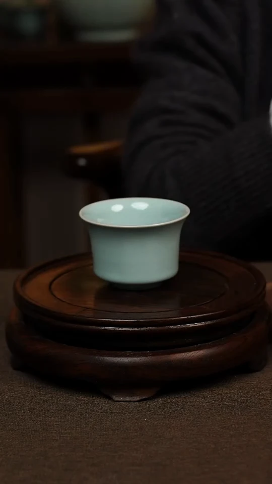 瓷片天青色全手工马蹄杯80ml微瑕不带礼盒