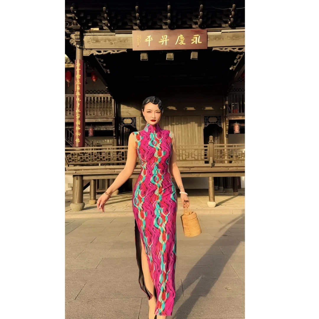 四月芳菲【花样年华】原创自制珠光棉面料双开衩高领春夏新款旗袍