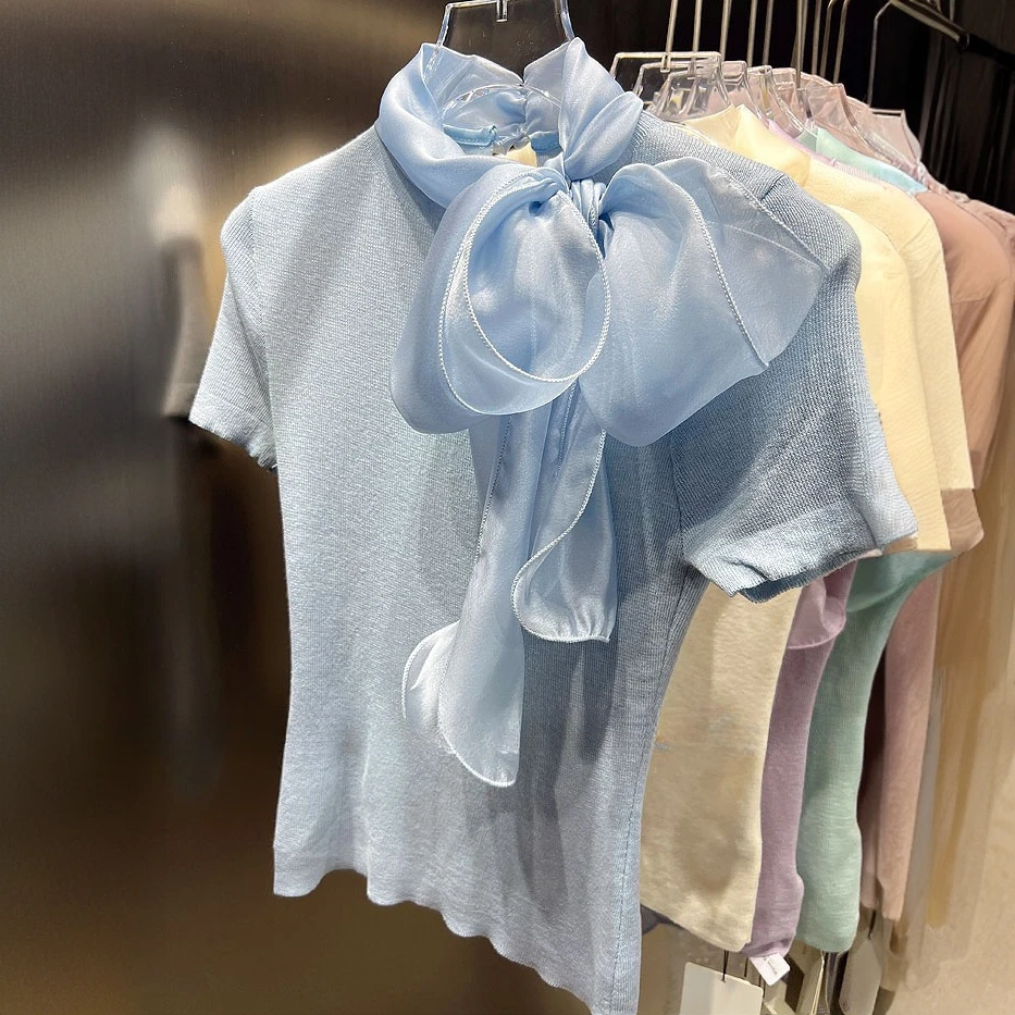 【现货】2025春夏季新款蝴蝶结飘带领套头显瘦短袖休闲针织衫上衣女