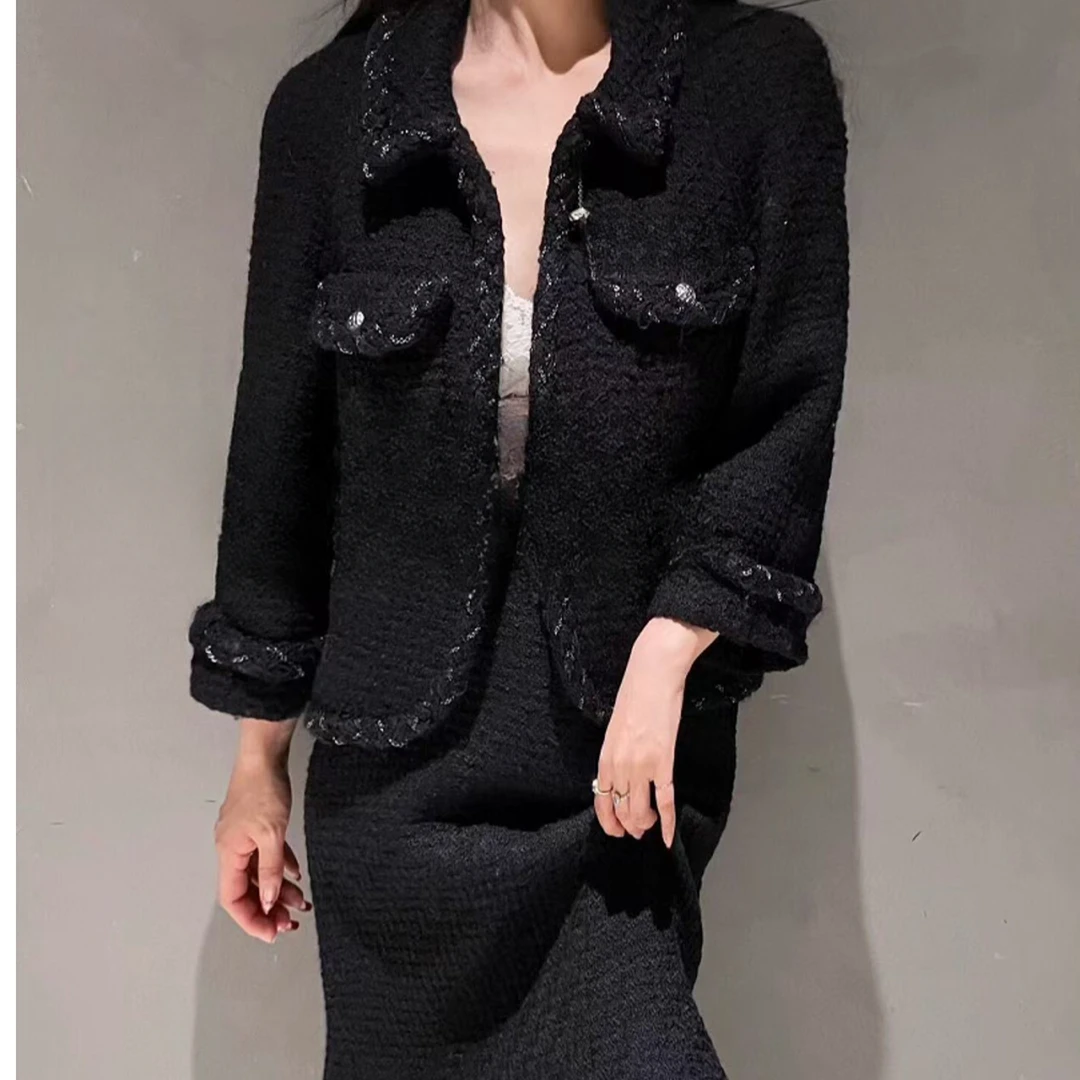 99新 Chanel/香奈儿 07A黑色粗花呢外套 裙子 38码