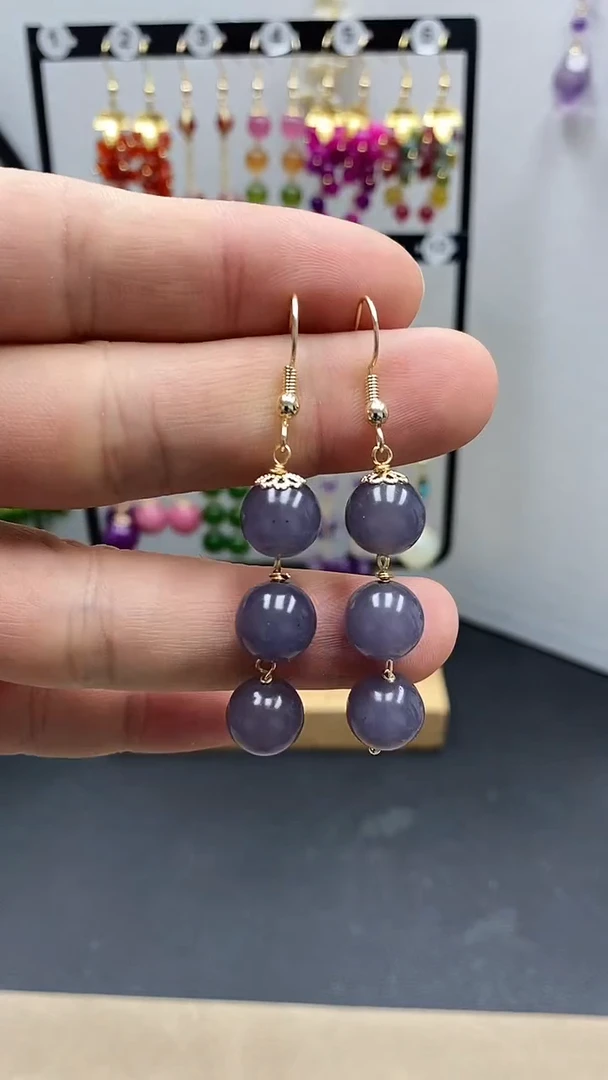 【闪购商品】和田玉耳饰银S925镀金镶嵌烟紫连珠尺寸10mm