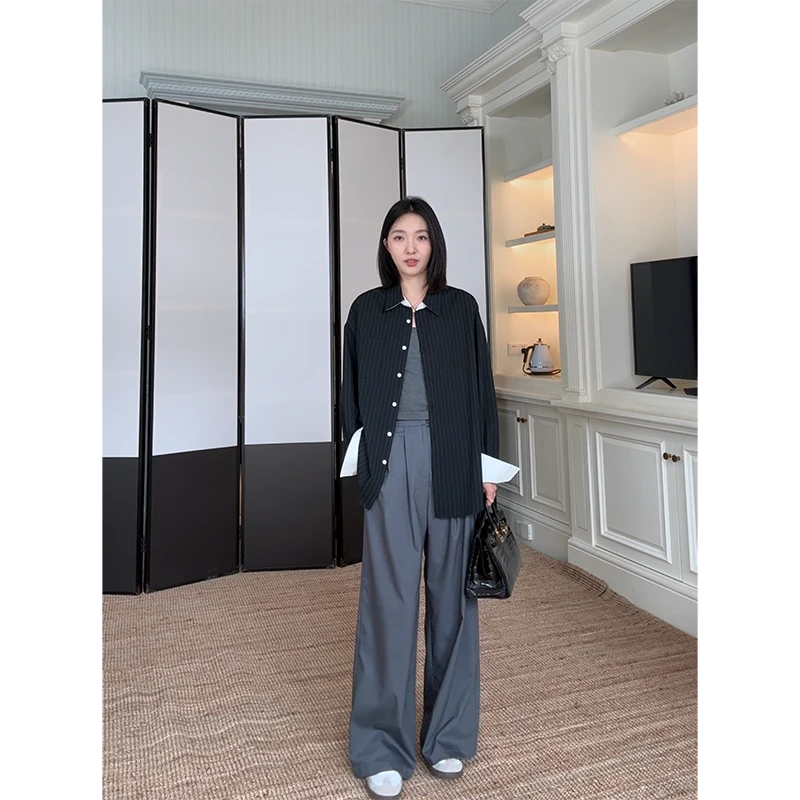 郭九九呢 简约帅气撞色条纹宽松衬衫百搭显瘦直筒长裤 G925A11816
