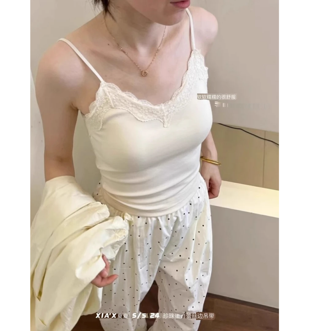 纯欲风蕾丝V领叠穿花边带胸垫小吊带背心女秋冬内搭打底修身上衣