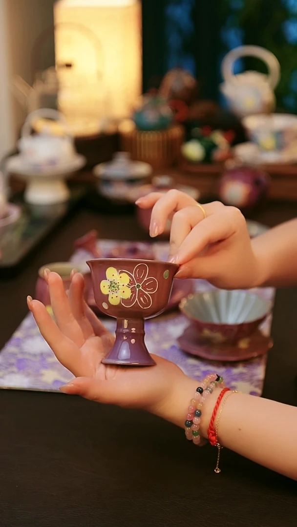 陶瓷茶具紫樱高足圆口杯