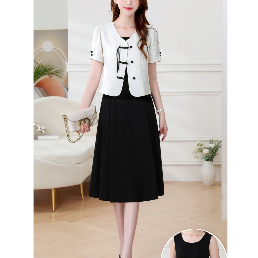 A1998 夏季气质套装连衣裙女显瘦收腰时尚减龄遮肉修身长裙两件套