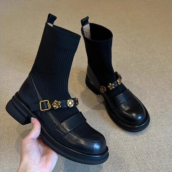 牛皮版~黑色厚底英伦风复古弹力袜靴女秋冬新款马丁靴短靴瘦瘦靴