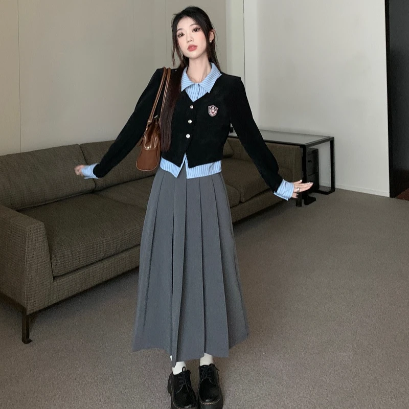 新款小众POLO衬衫学院风针织衬衫拼接百褶裙两件套装【配腰带】百搭