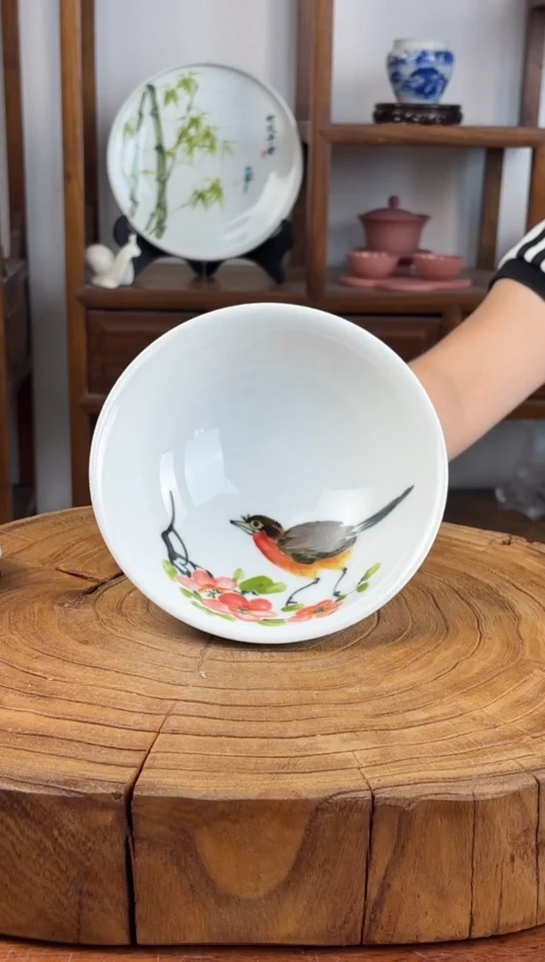 瓷片国韵瓷坊-手工手绘孤品壮壮碗桃花绣眼鸟324
