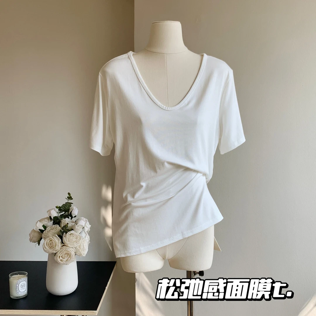 面膜T中长款冰丝短袖基础款百搭T恤女大V领宽松显瘦薄款纯色上衣