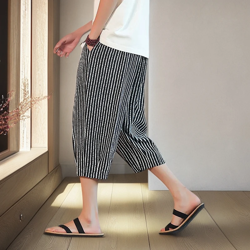 男士休闲短裤夏季薄款凉感沙滩大裤衩条纹潮牌男士七分休闲裤