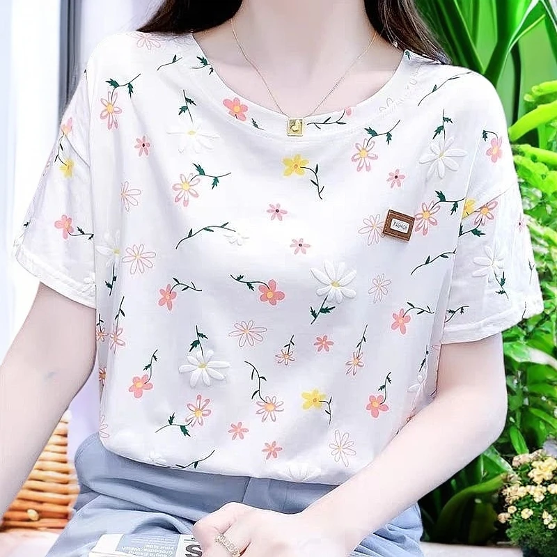 夏季简约印花短袖T恤女士减龄妈妈装条纹t恤圆领时尚洋气休闲百搭