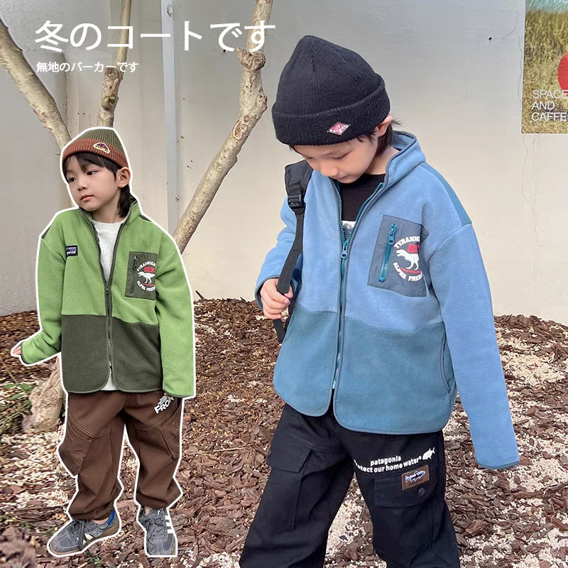 秋冬双面摇粒绒恐龙拼接拉链外套