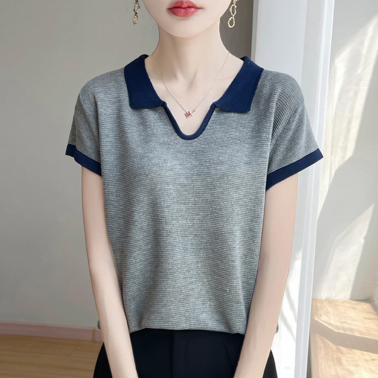 哥弟阿玛施正品新款翻领拼色针织衫女夏季减龄时尚百搭T恤上衣