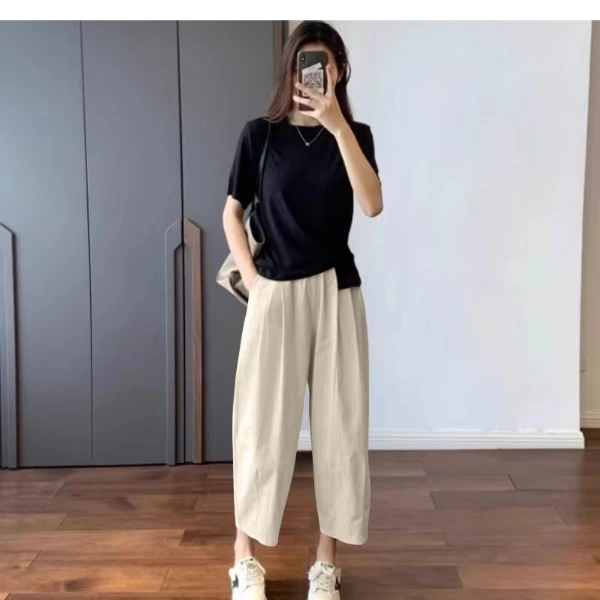 显瘦女夏薄款2024新款阔腿宽松高腰裤气质时尚通勤九分哈伦裤裤子