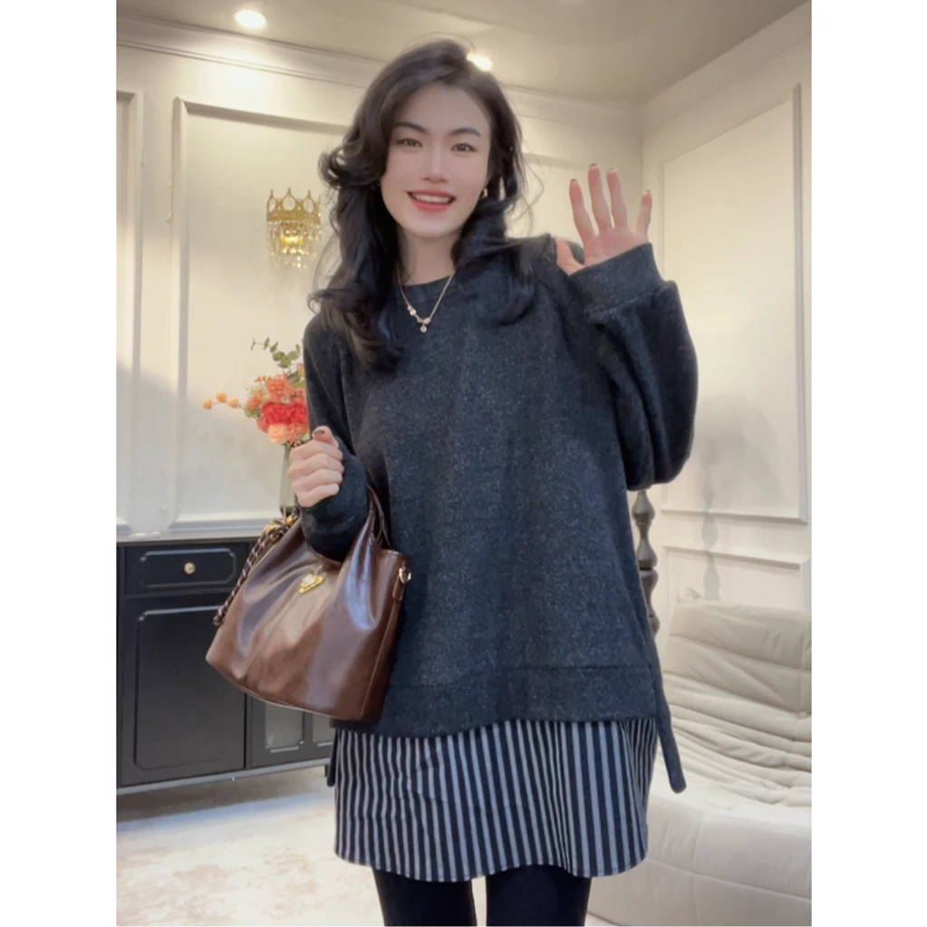 【假两件卫衣裙】加绒加厚欧洲站设计不规则拼接衬衫休闲百搭卫衣女