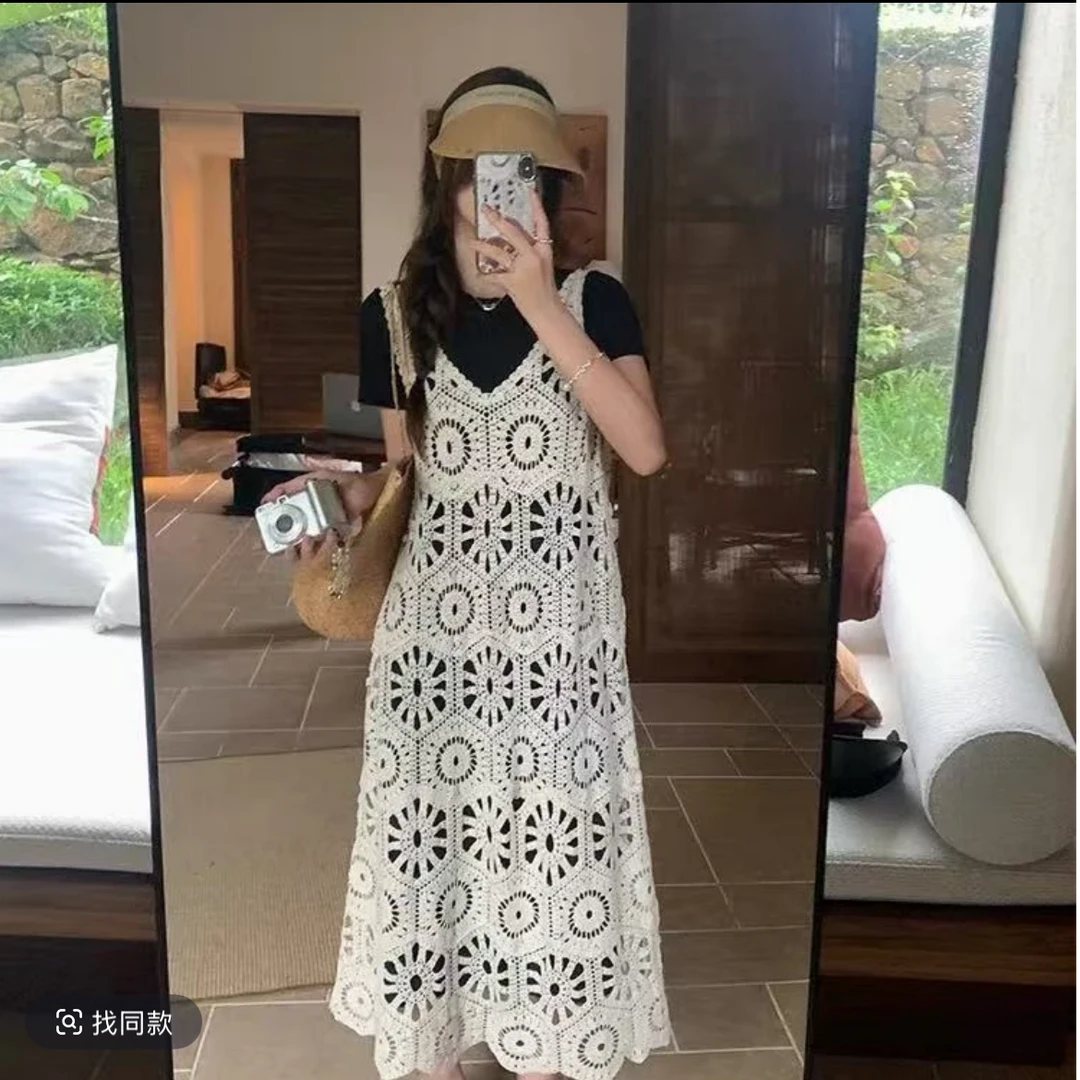度假风叠穿套装女休闲百搭显瘦连衣裙镂空钩花背心裙两件套夏