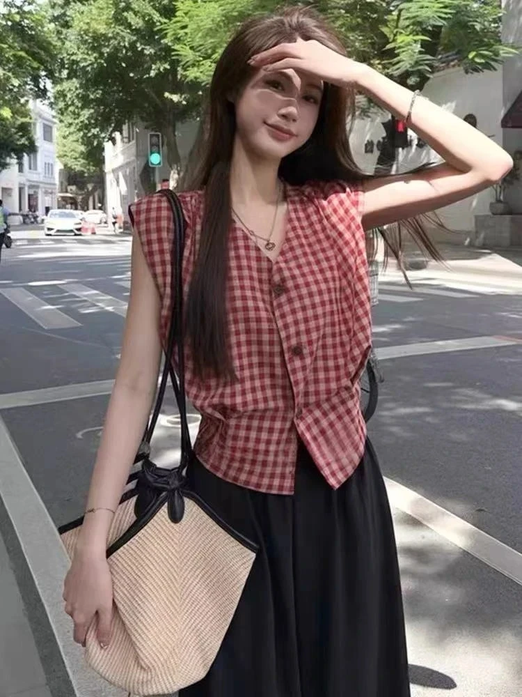 运补6复古格子v领短袖衬衫2025新款女夏季宽松拼色衬衣气质小飞袖