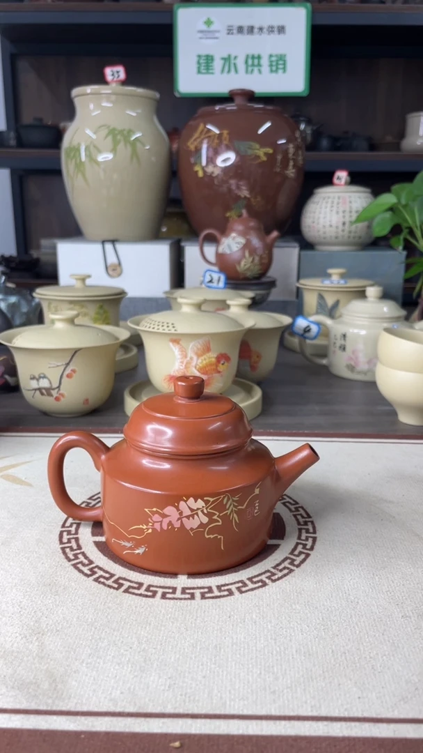 d**g建水紫陶红泥复烧刻填壶
