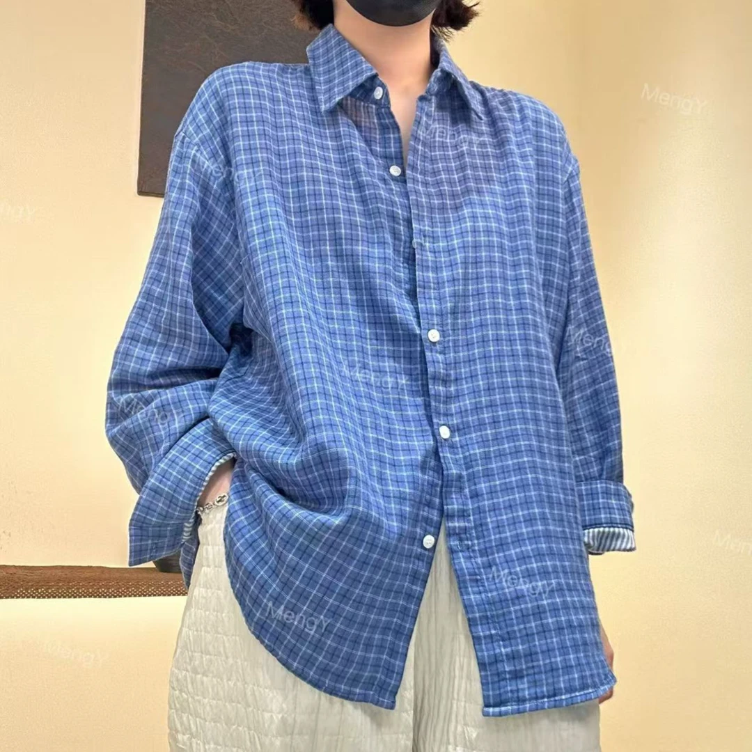 梦煜家【蓝格晴空】100棉格子休闲宽松慵懒感衬衫上衣/2025春
