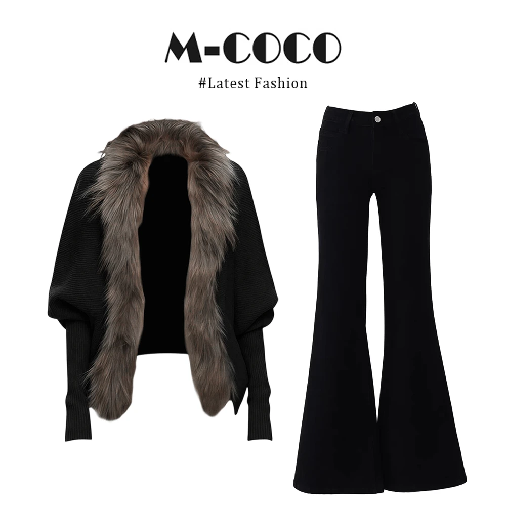 INS CEC韩系时髦蝙蝠袖毛领针织外套上衣高腰显瘦喇叭裤两件套