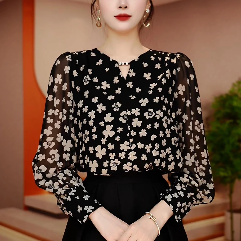 初凰 新款琉璃双皱丝洋气时尚百搭显瘦休闲气质印花女士长袖上衣