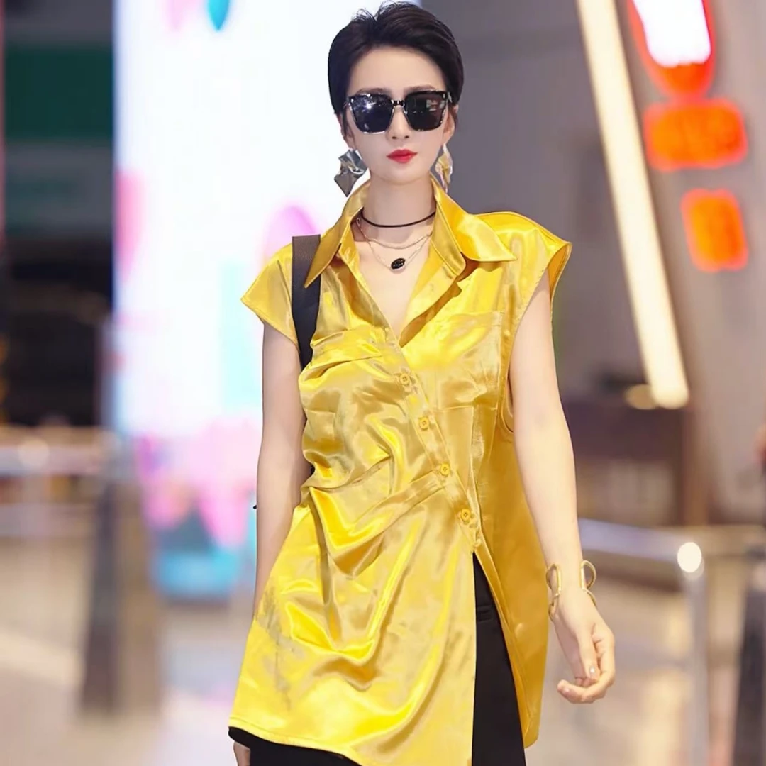 （文萱推荐）法式褶皱开叉斜扣洋气百搭衬衫