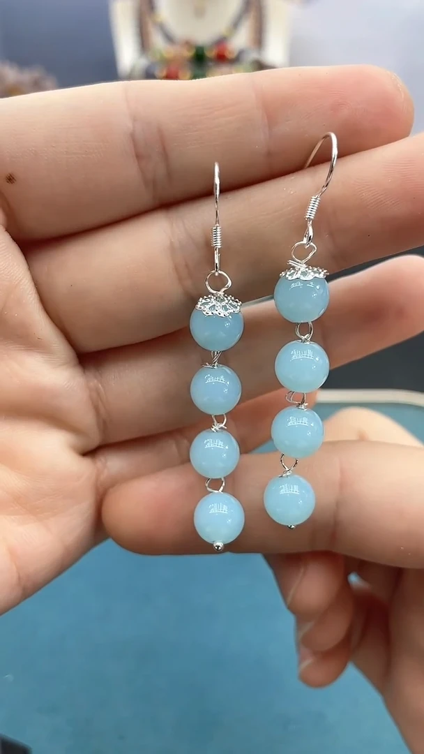 海蓝宝石耳饰银S925镶嵌8mm海蓝玉化四珠