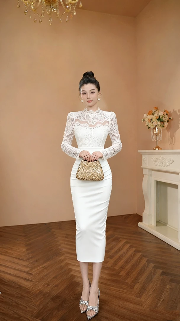 【十六定制】包臀连衣裙长袖秋冬显瘦白色优雅法式616868