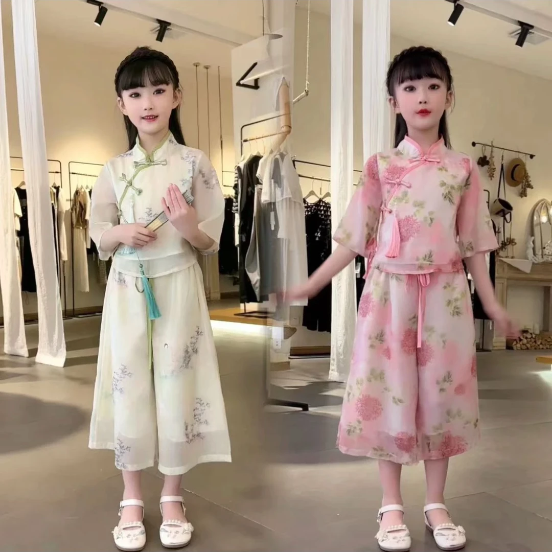 2025古风中国风女复古民族风女童刺绣民族夏季女童汉服套装