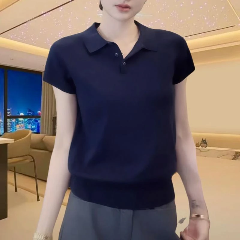 夏季翻领短袖套头薄款针织衫休闲POLO时尚洋气上衣高档短袖T恤女