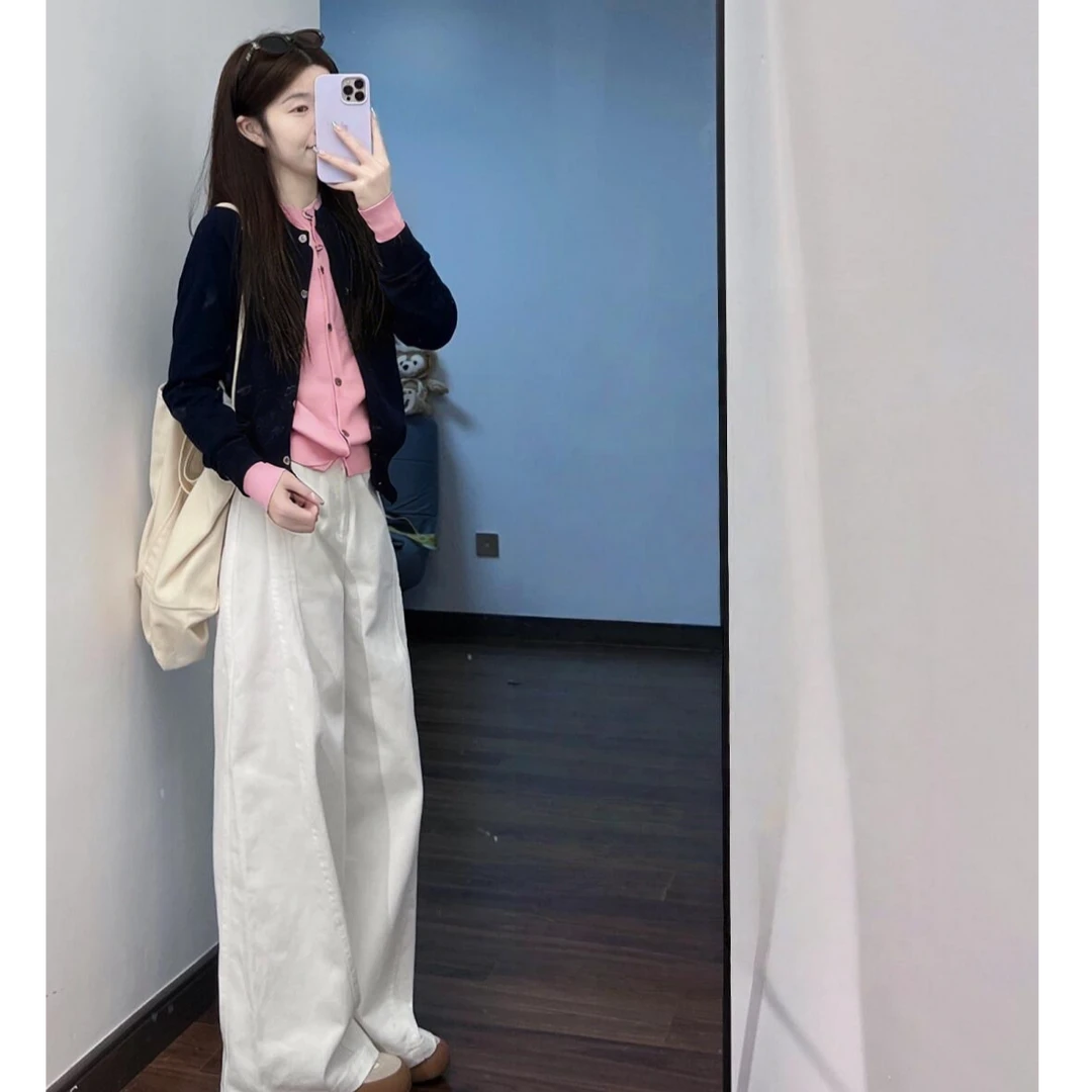 秋装女装高级感炸街洋气网红两件套气质假两件针织衫白色裤子套装