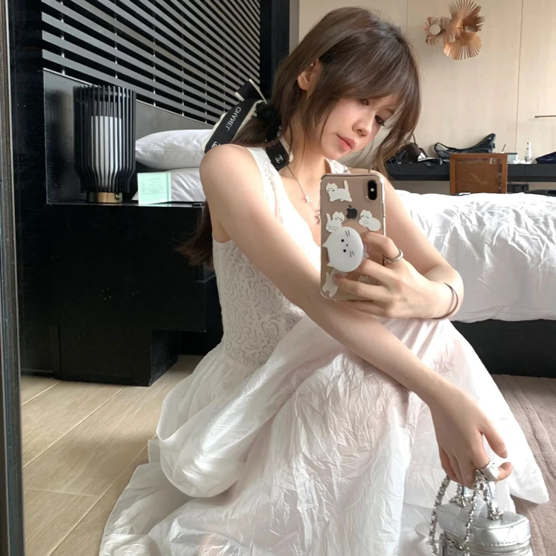 爱唯衣落日岛屿 粉色挂脖连衣裙女蕾丝拼接法式长裙子