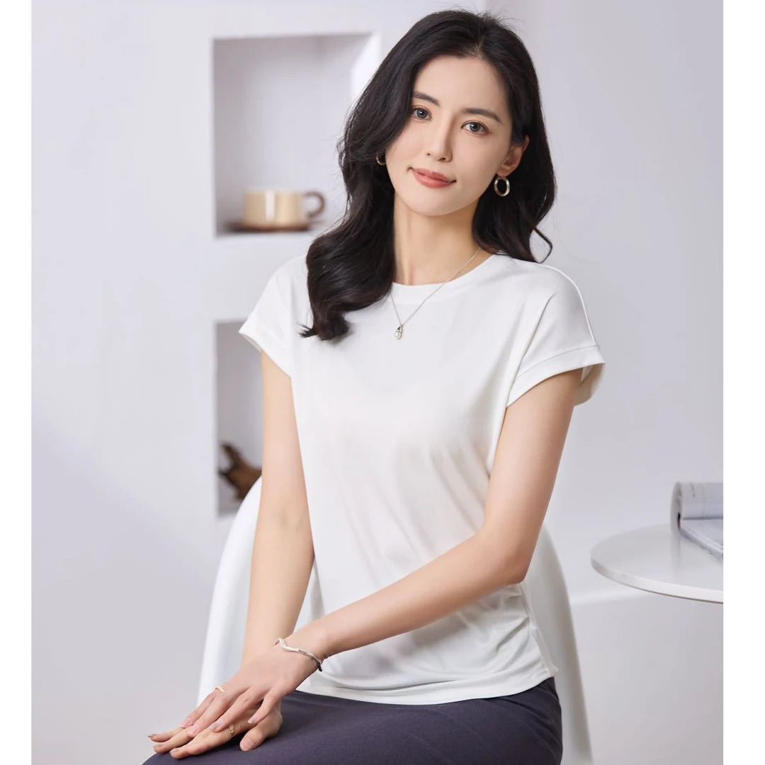 【13-651】兰精莫代尔飞飞袖短袖褶皱圆领吸汗T恤简约打底衫舒适