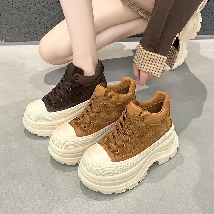 高帮休闲鞋厚底小个子头层牛皮网红加绒轻便板鞋磨砂皮时尚休闲鞋